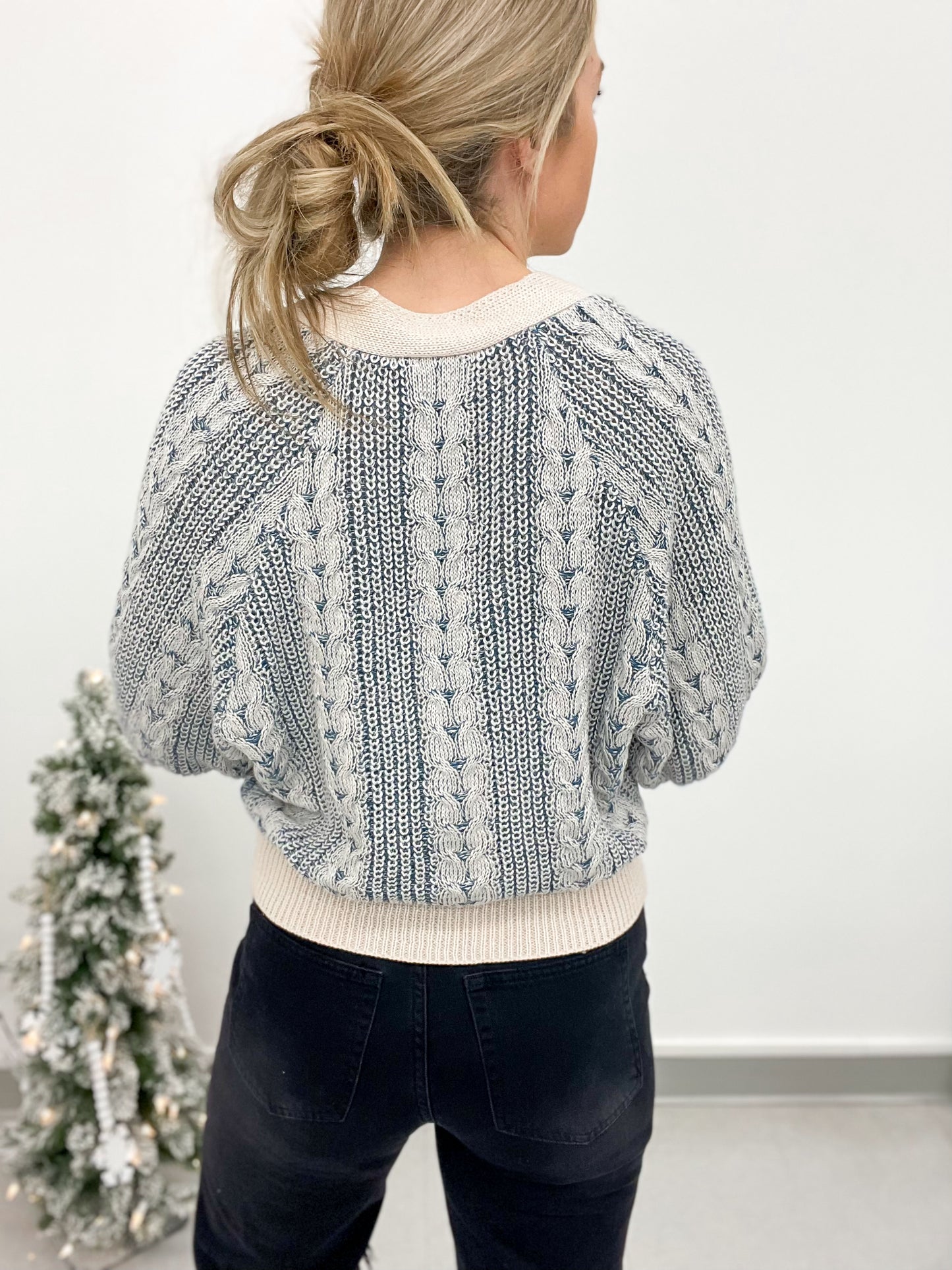 Something Blue Mixed Knit Woven Cardigan