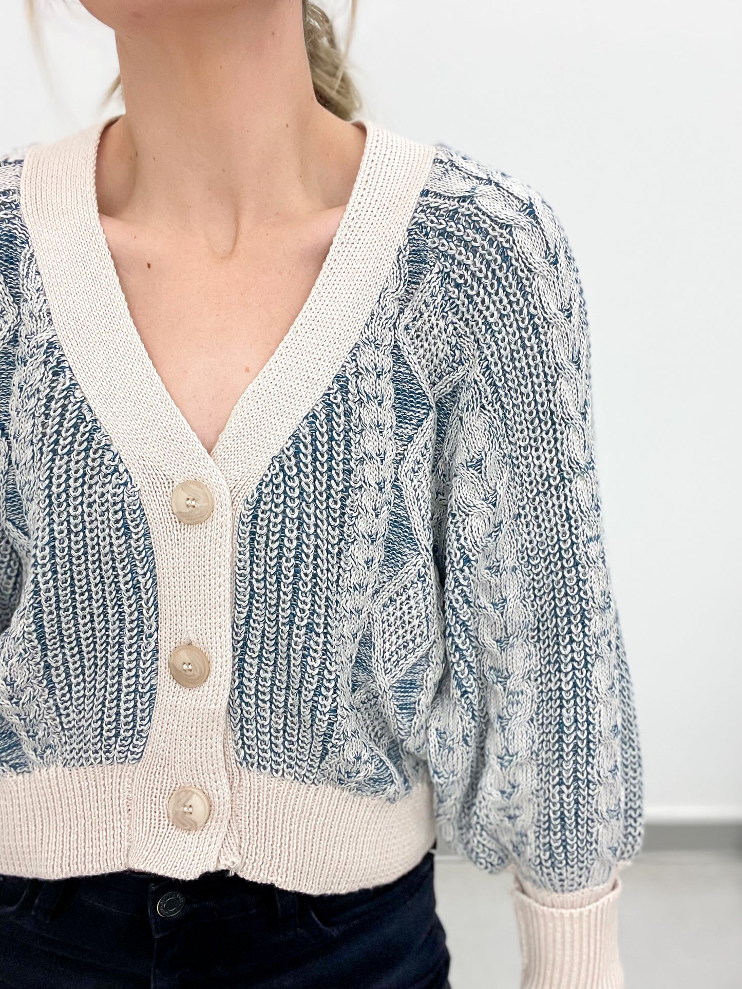 Something Blue Mixed Knit Woven Cardigan