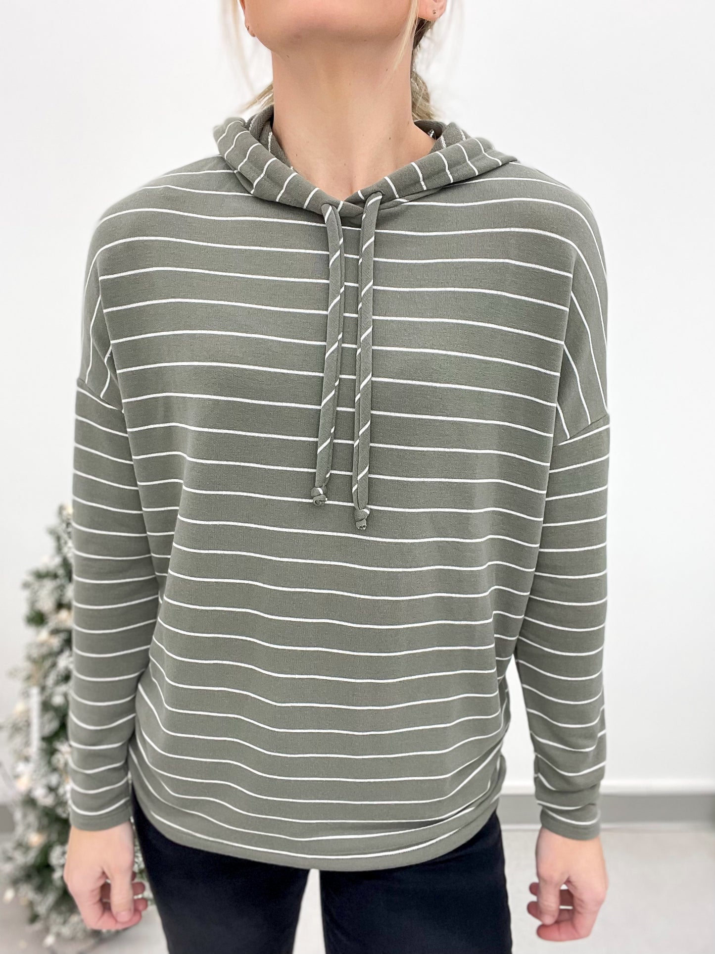 Imagine That Striped French Terry Hooded Pullover Olive