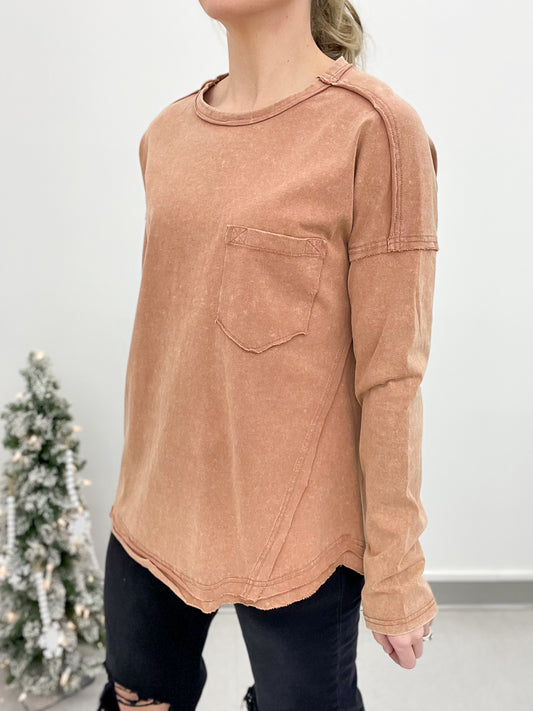 True Self Washed Pocket Long Sleeve Tee Rust