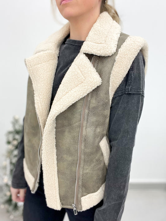 Out West Faux Leather Sherpa Vest Brown Small, L-XL