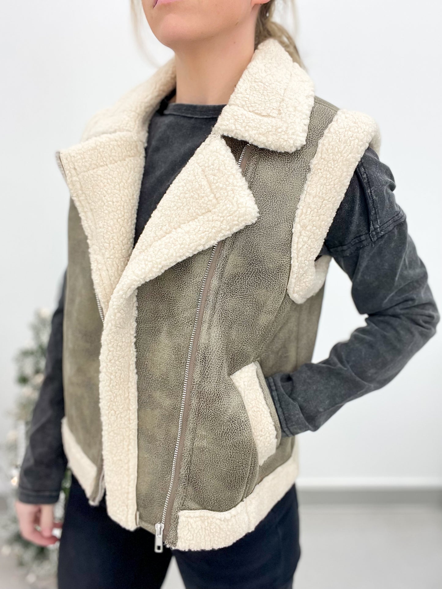 Out West Faux Leather Sherpa Vest Brown Small, L-XL