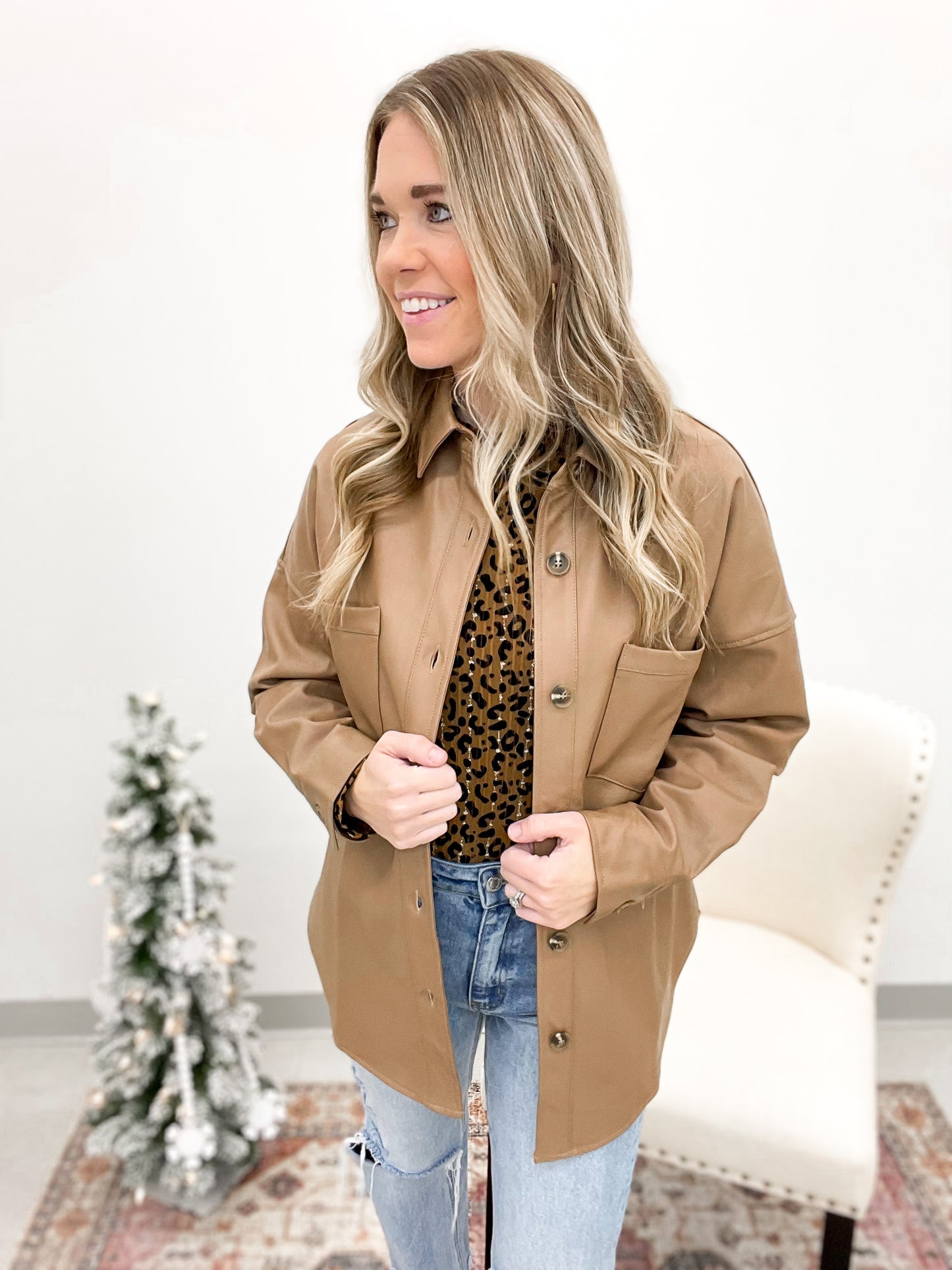 City Lights Faux Leather Shirt Jacket Brown