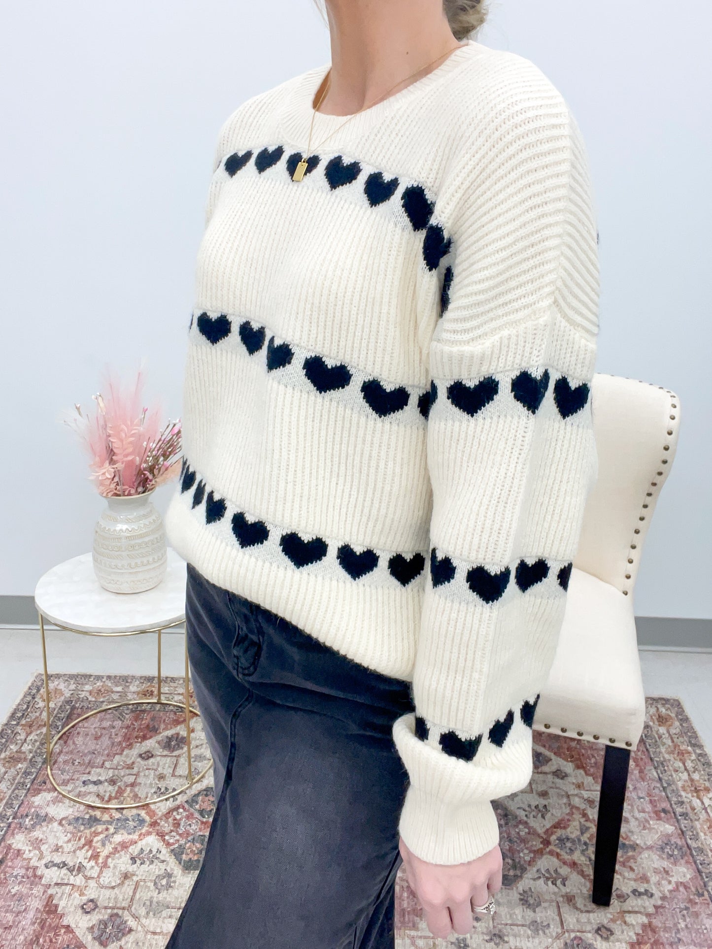 Heart On Your Sleeve Ribbed Knit Sweater Cream