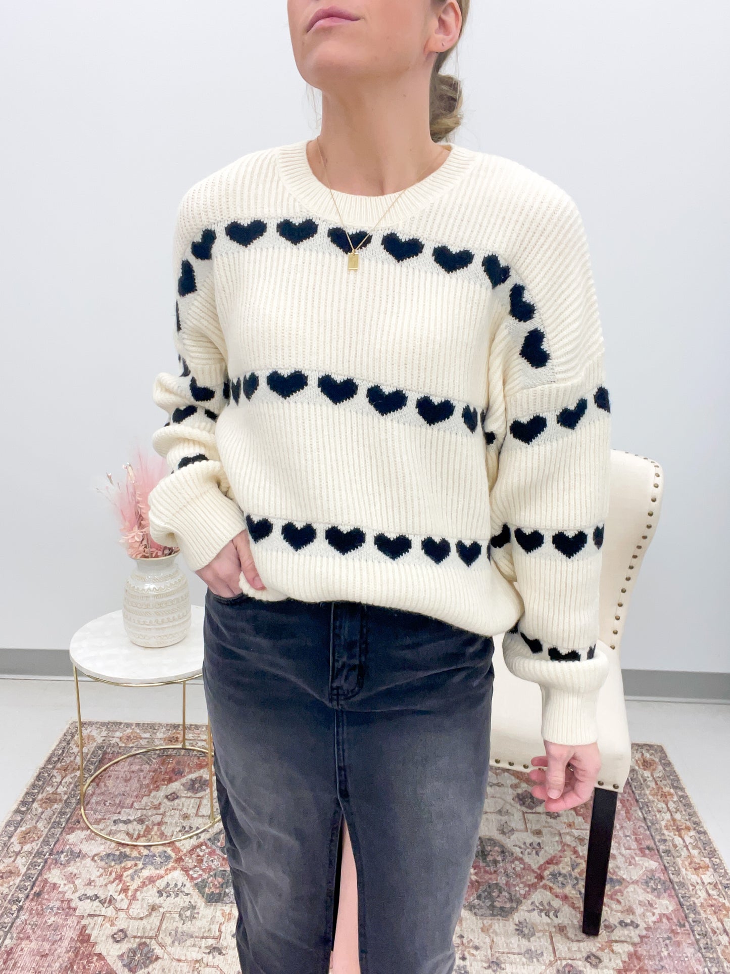 Heart On Your Sleeve Ribbed Knit Sweater Cream