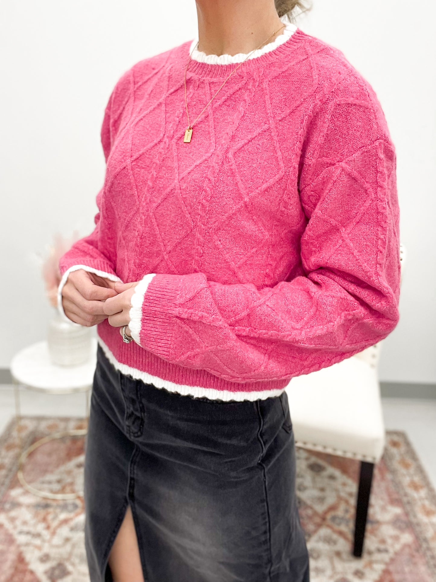 After All Cable Knit Long Crop Sweater Fuchsia