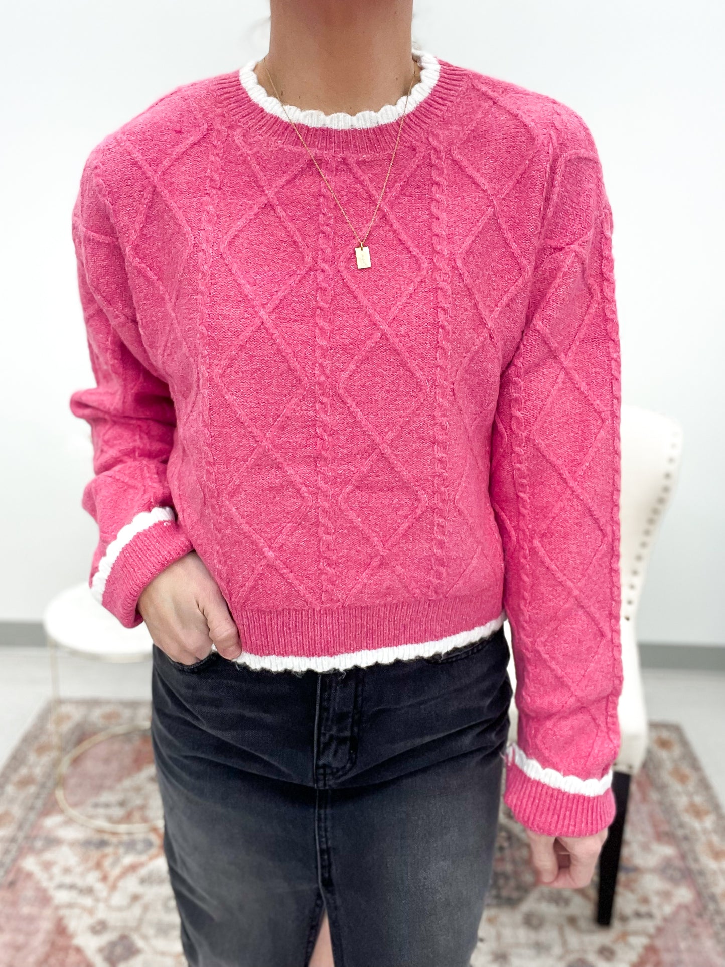 After All Cable Knit Long Crop Sweater Fuchsia