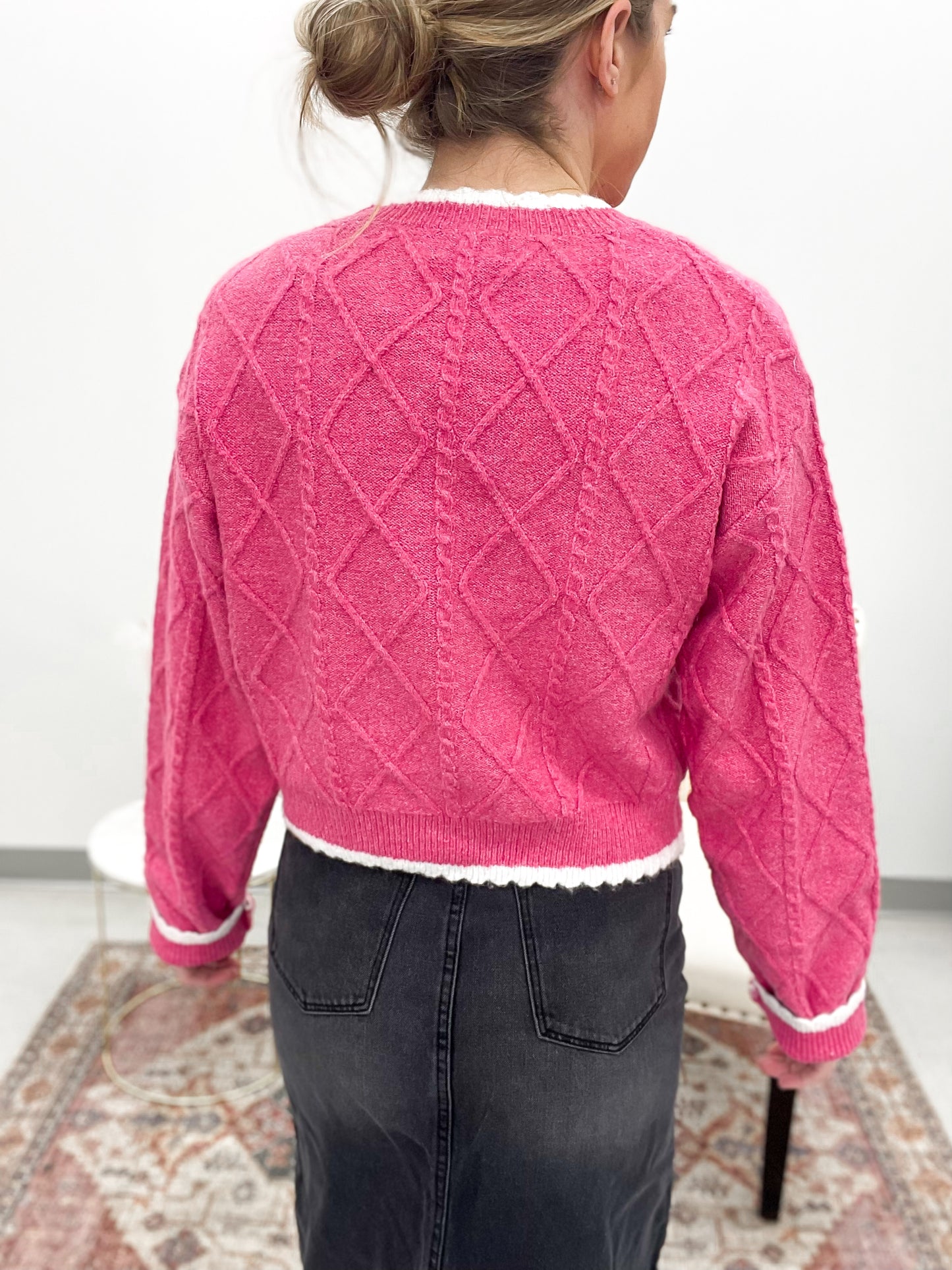 After All Cable Knit Long Crop Sweater Fuchsia