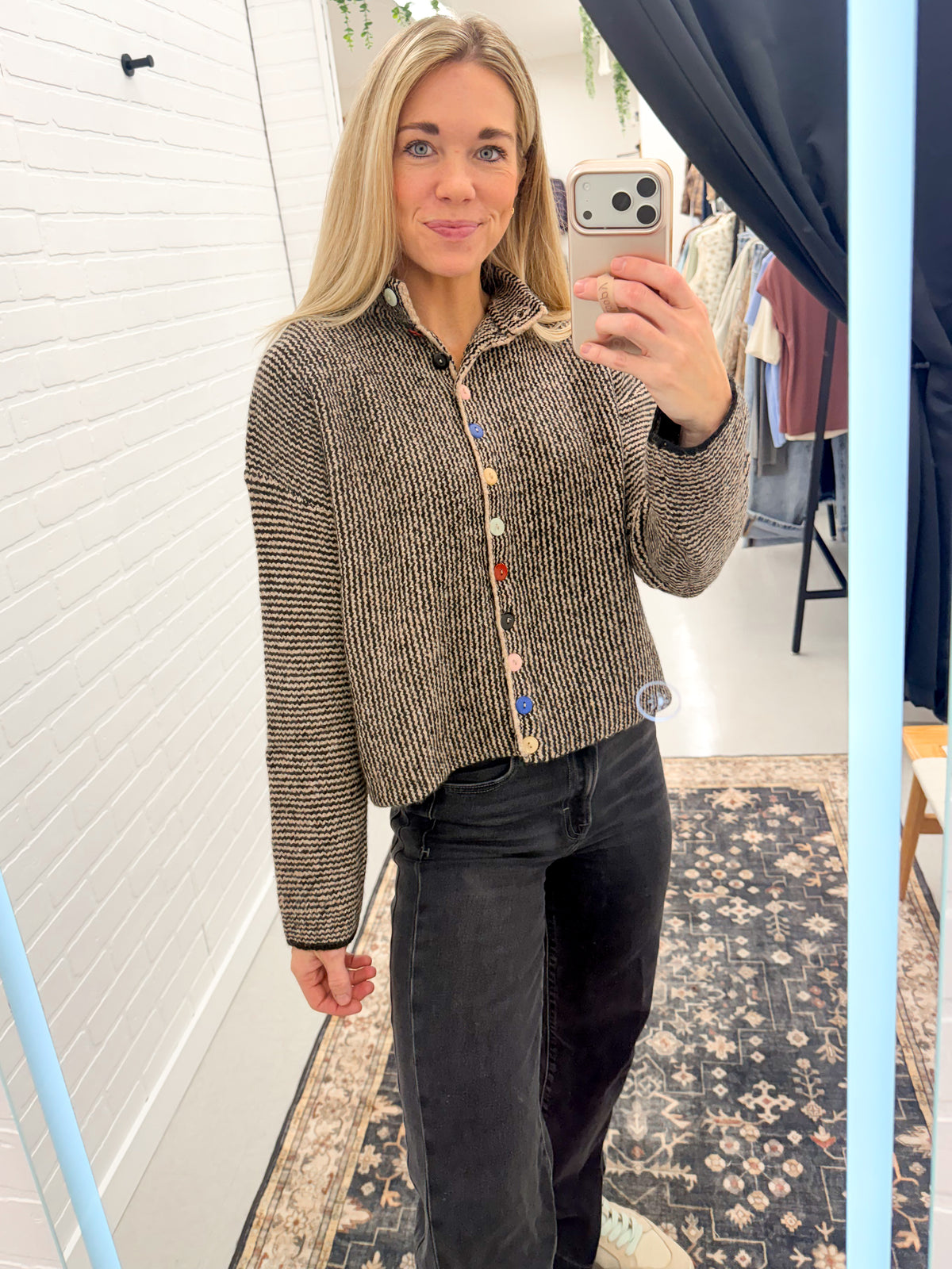 Like Her Black Taupe Button Detail Sweater