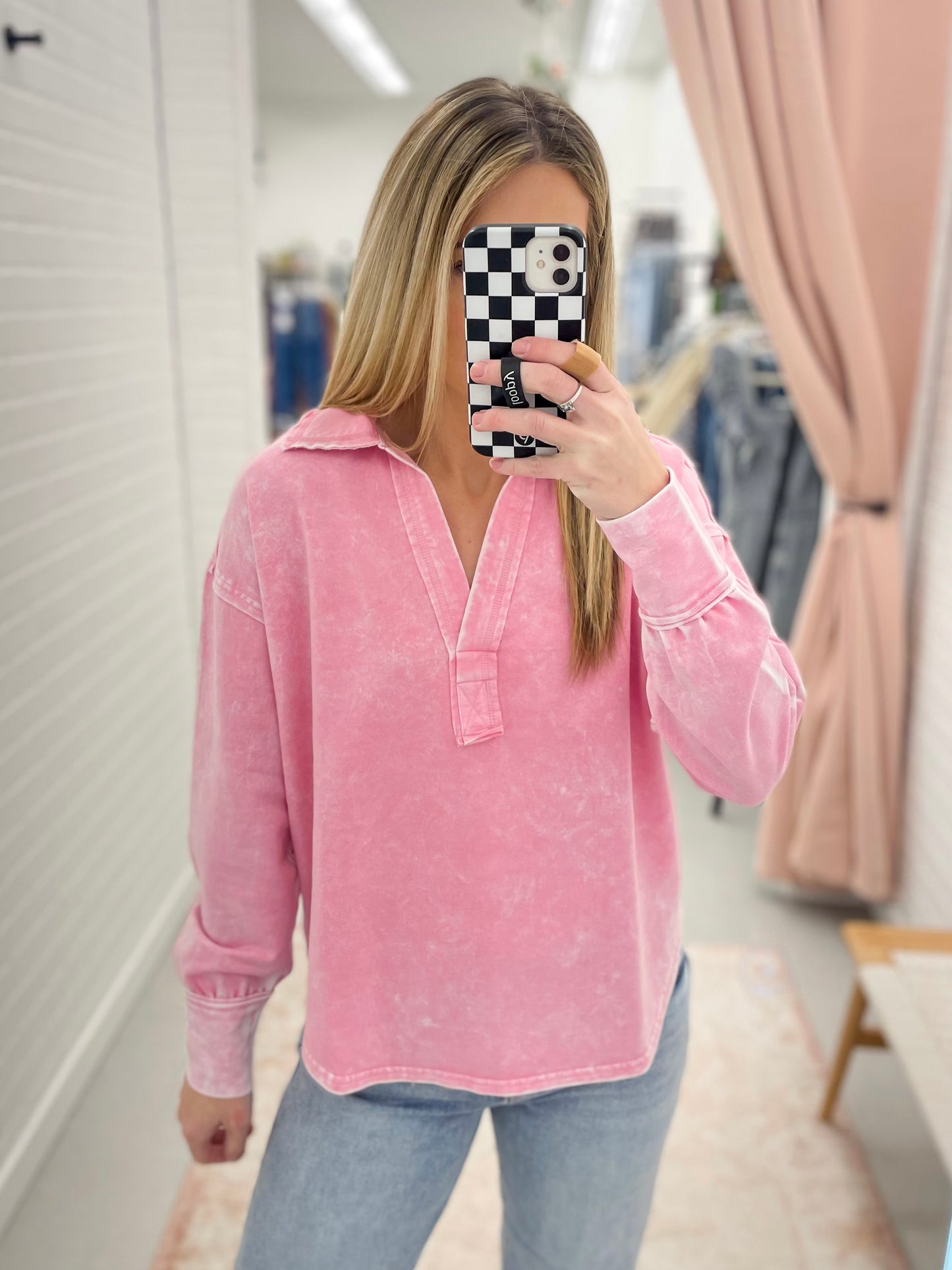 Down Time Mineral Wash Split Collar Top Pink