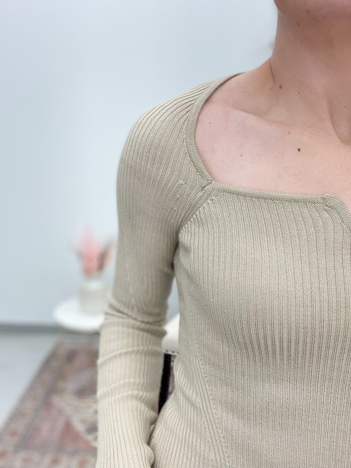 Split Decision Ribbed Knit Notched V Neck Top Taupe