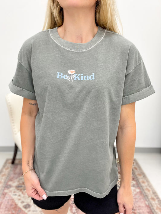 Girl Dangerous Be Kind Flower Graphic Tee Army Green