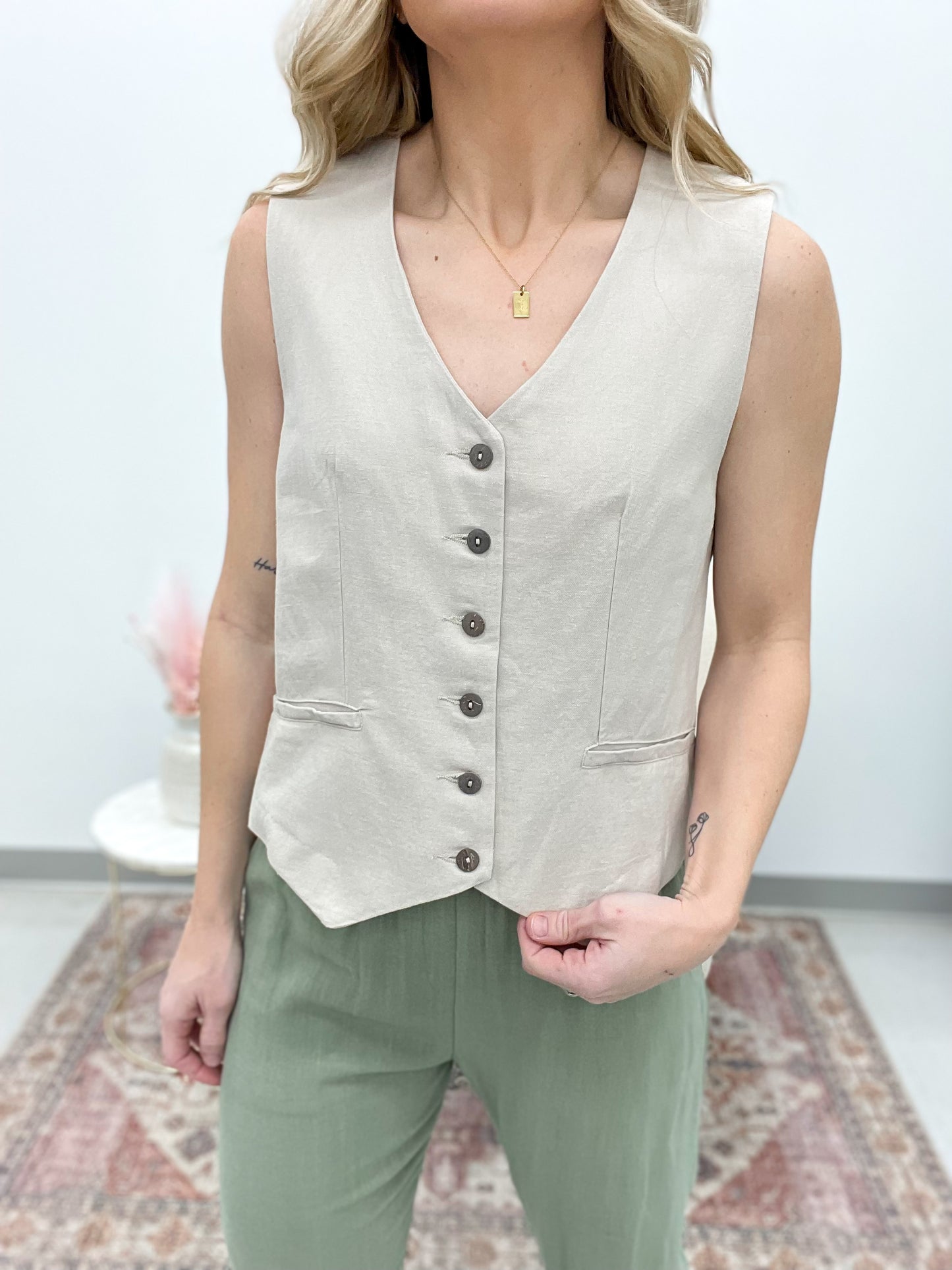 Honestly You Cotton Linen Button Vest Oatmeal