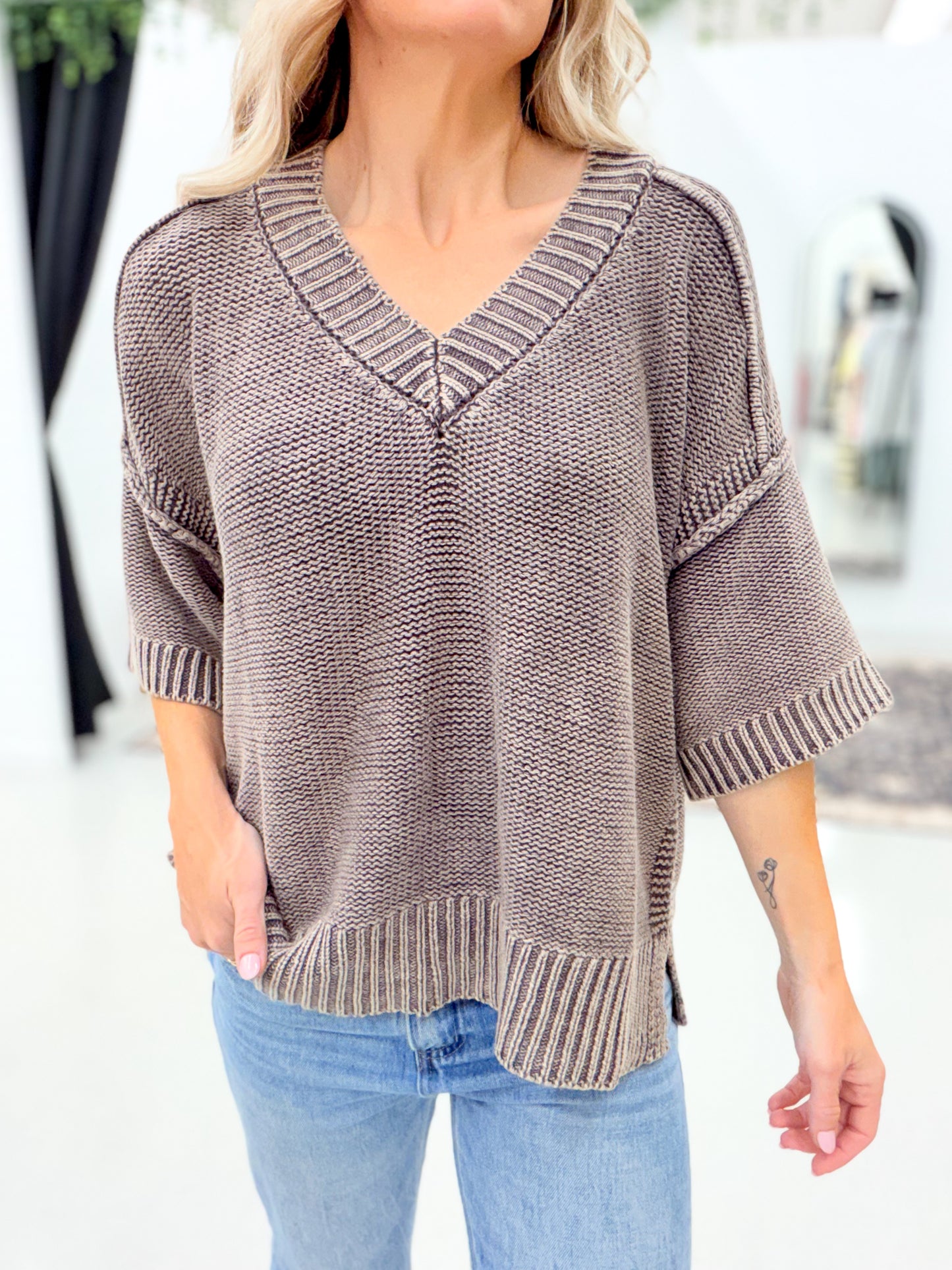 Sloane Washed V-Neck Short Sleeve Sweater Chocolate