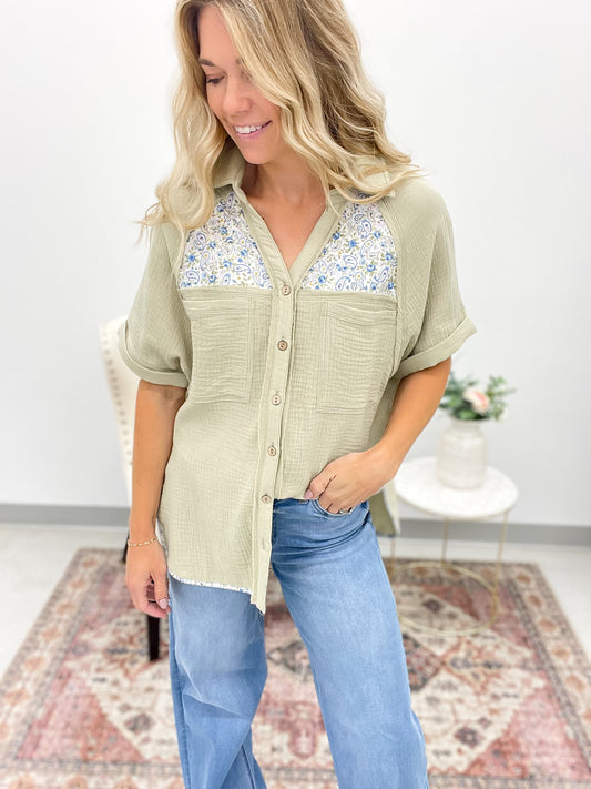 Just A Dream Cotton Gauze Button Down Top Sage