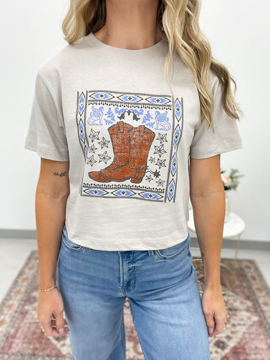 Cowboy Boots Long Crop Graphic Tee Gray