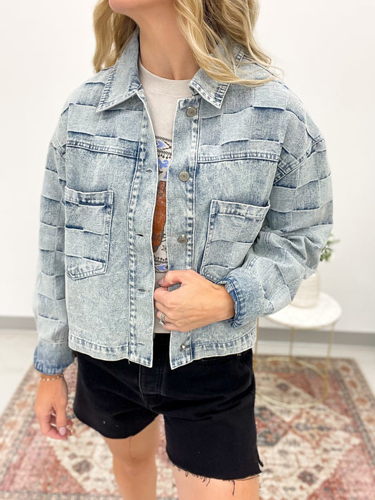 Going Out Mineral Wash Check Print Denim Jacket