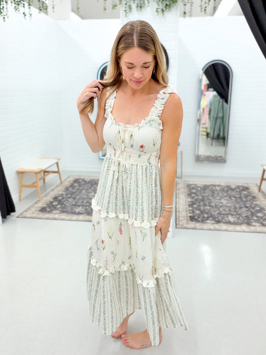 Sunday Summer Floral Color Block Tiered Midi Dress