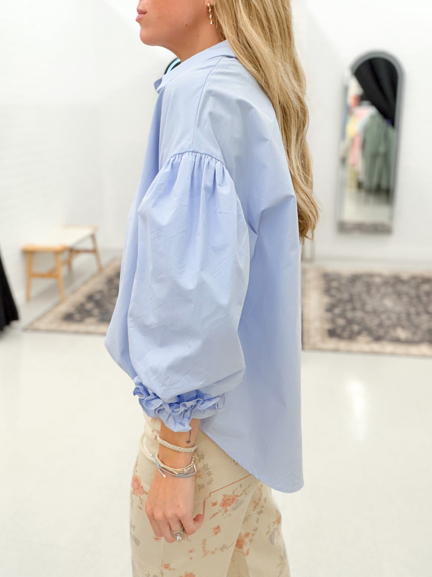Elevated Button Down Pop Shoulder Top Powder Blue