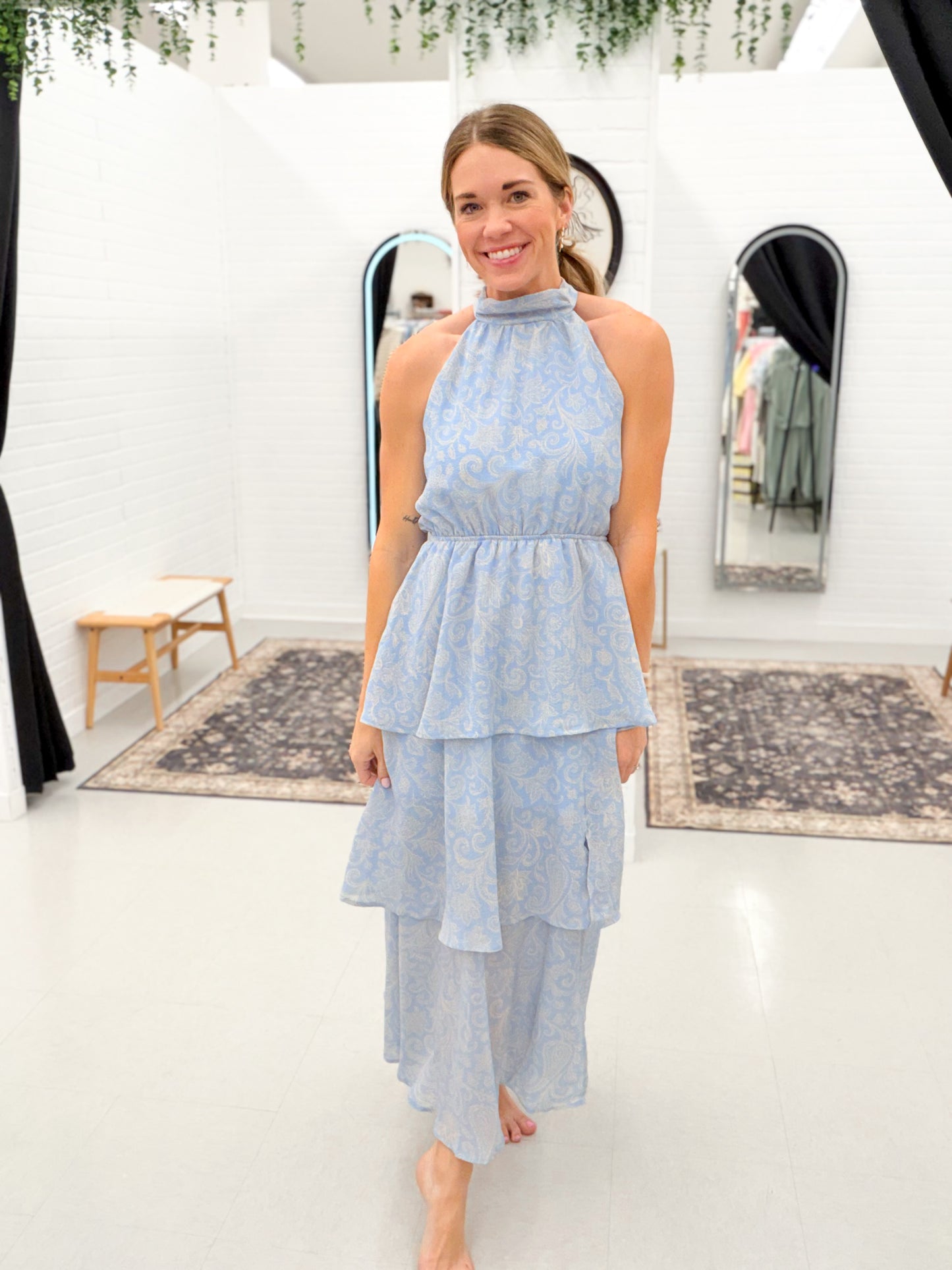Real You Layered Halter Paisley Detail Dress Light Blue