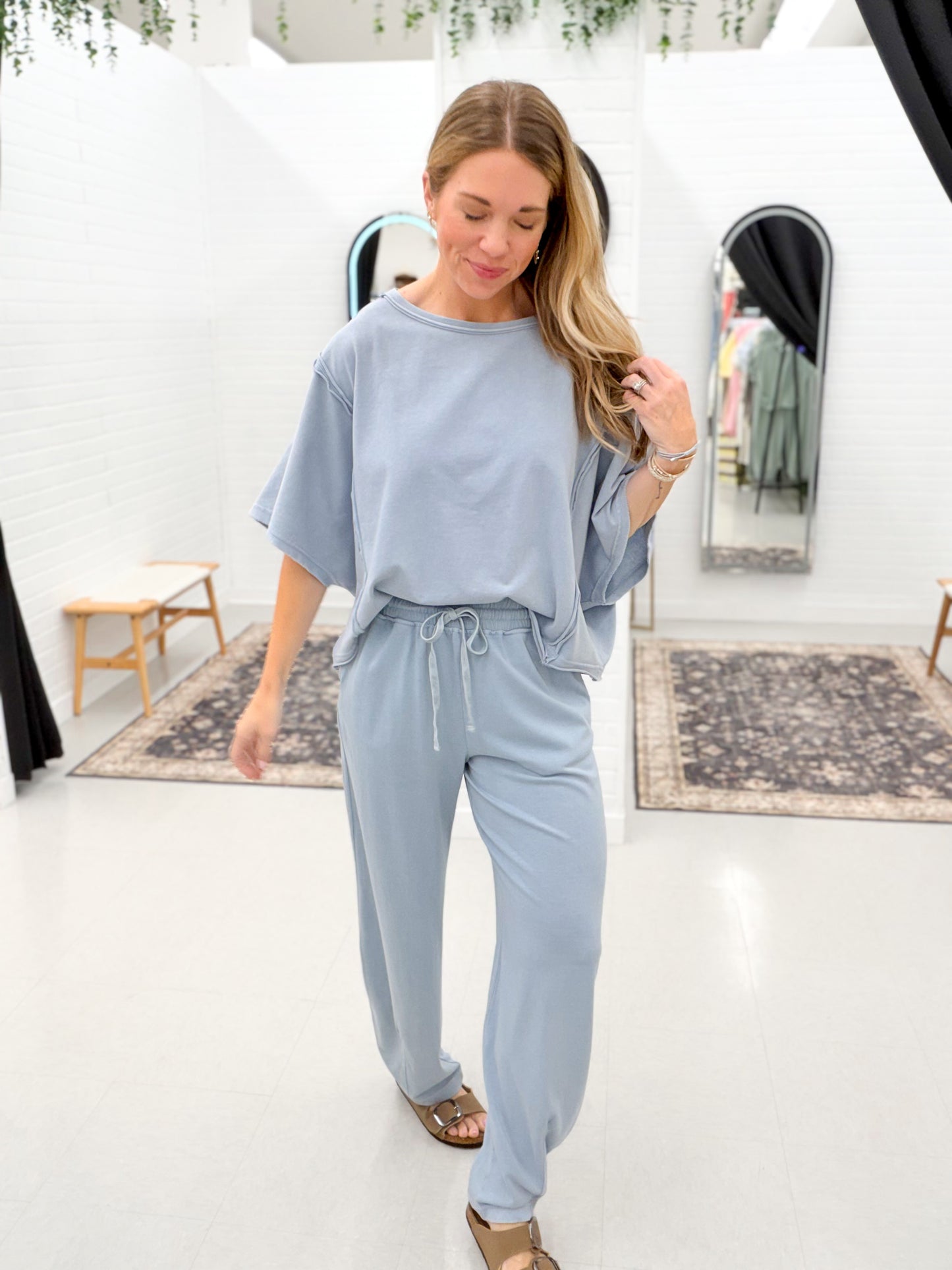 Last Shot Washed Cotton Top And Barrel Pants Set Faded Blue