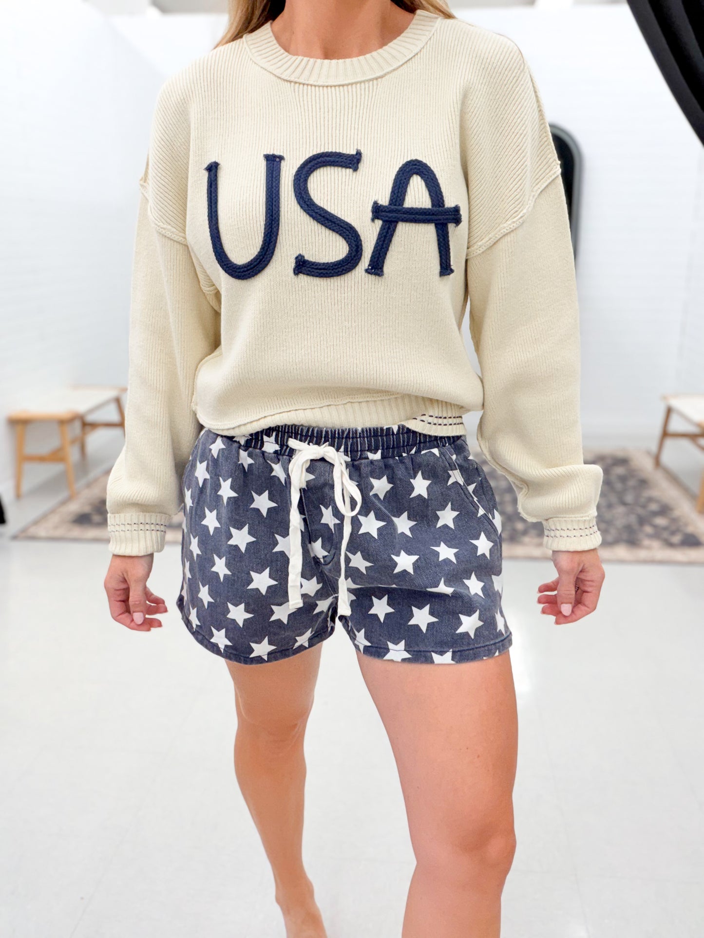 Brighter Night Drawstring Star Shorts Washed Navy