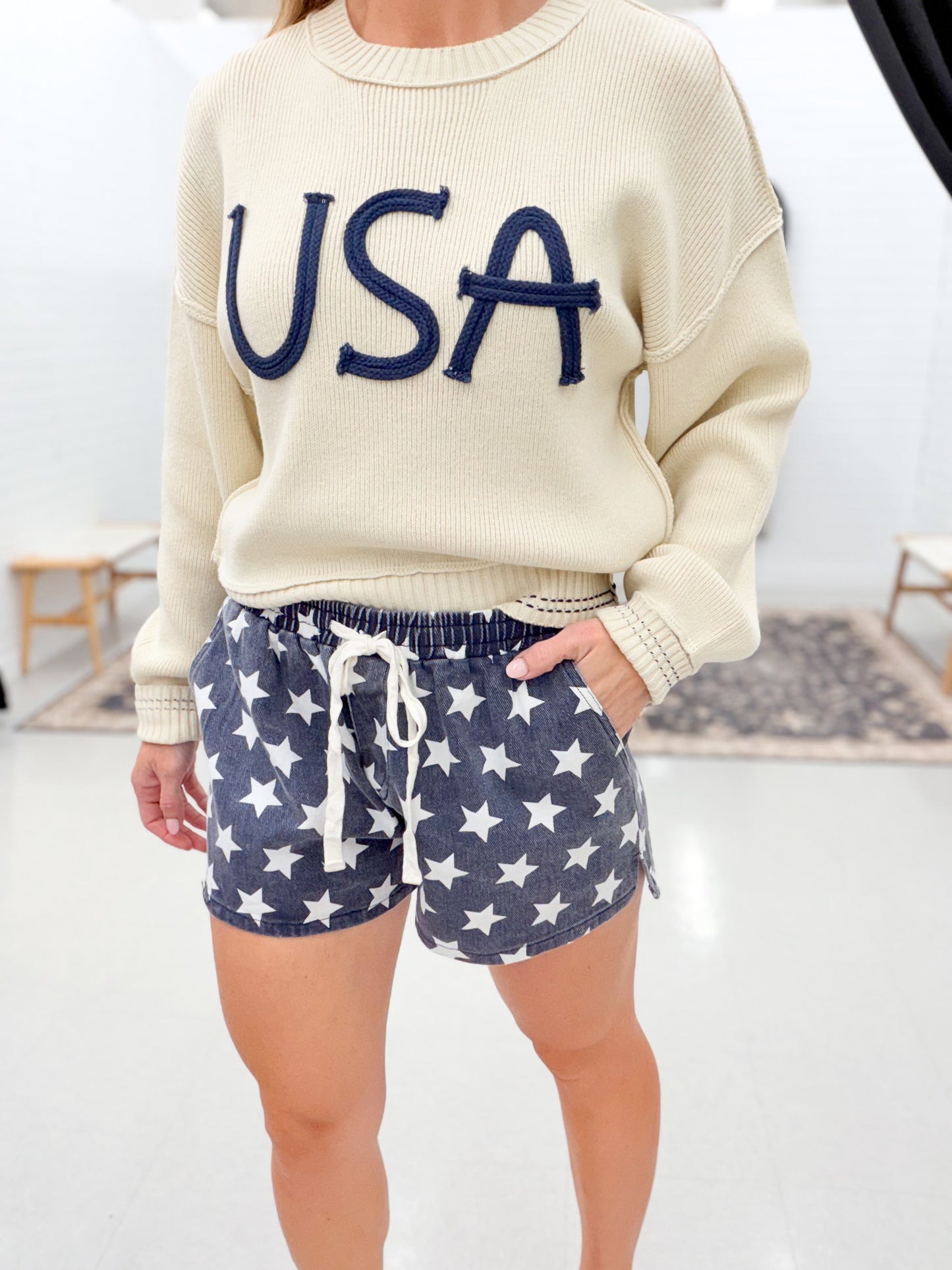 Brighter Night Drawstring Star Shorts Washed Navy