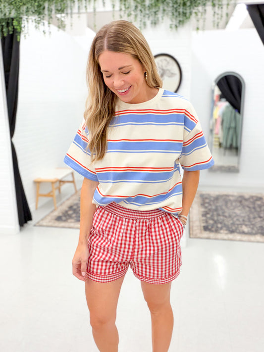 Patriotic Girl Striped Boxy Tee Cream/Blue