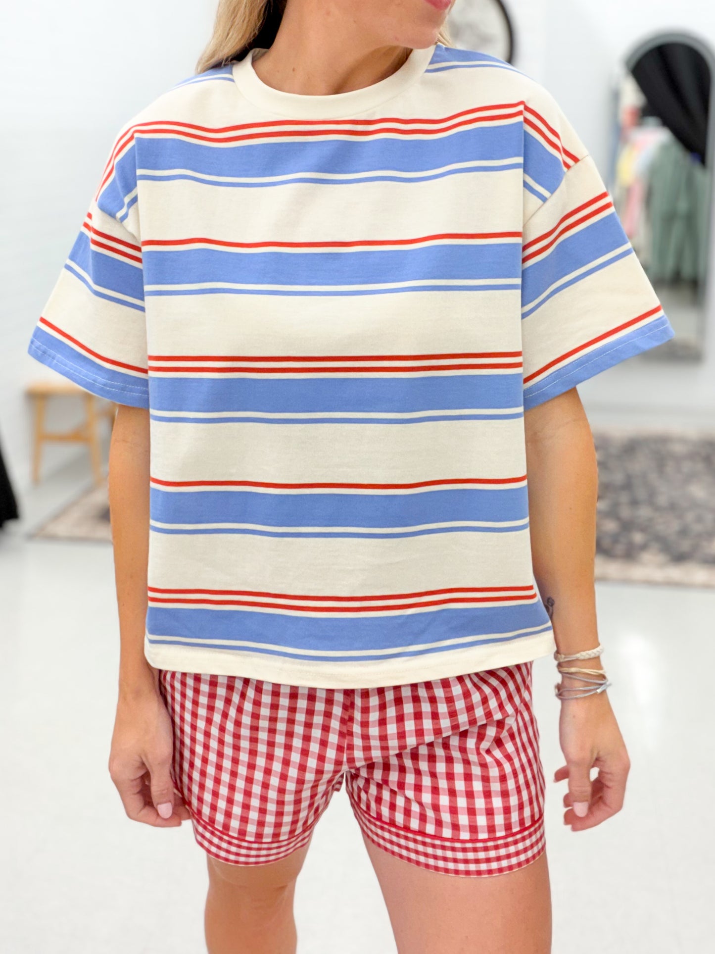 Patriotic Girl Striped Boxy Tee Cream/Blue