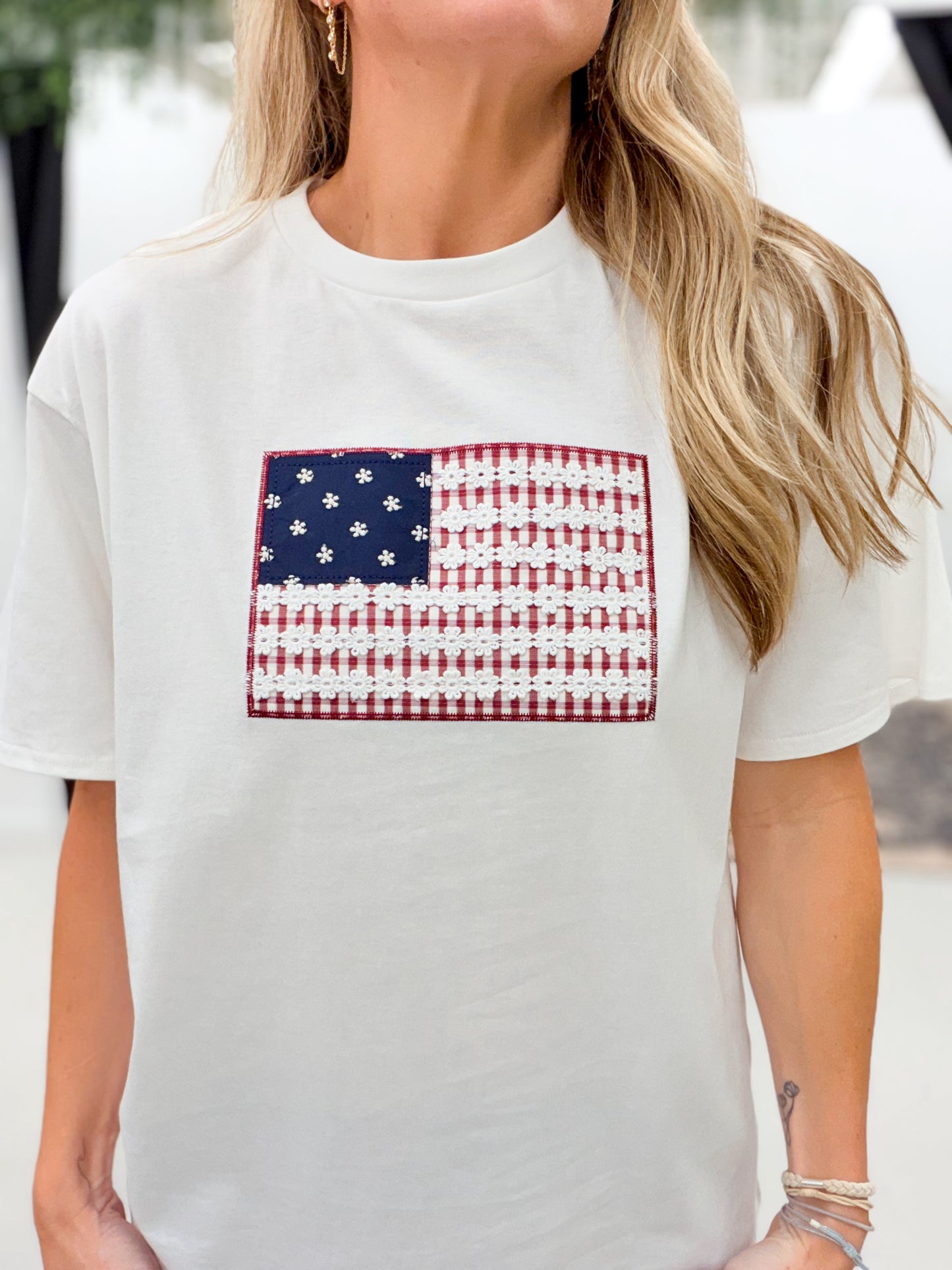 She Can Embroidered American Flag Tee
