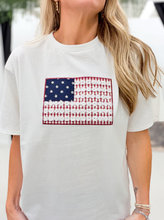 She Can Embroidered American Flag Tee