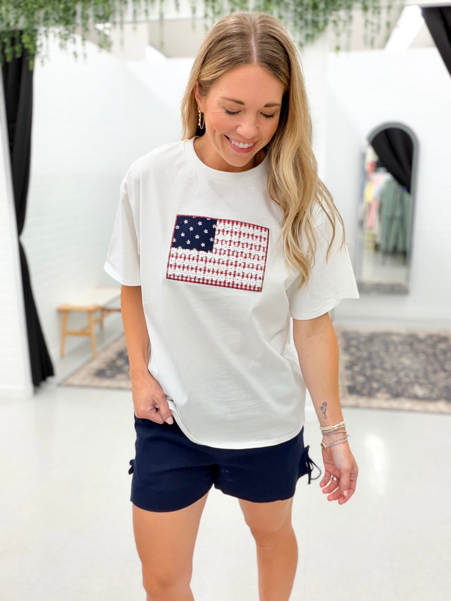 She Can Embroidered American Flag Tee