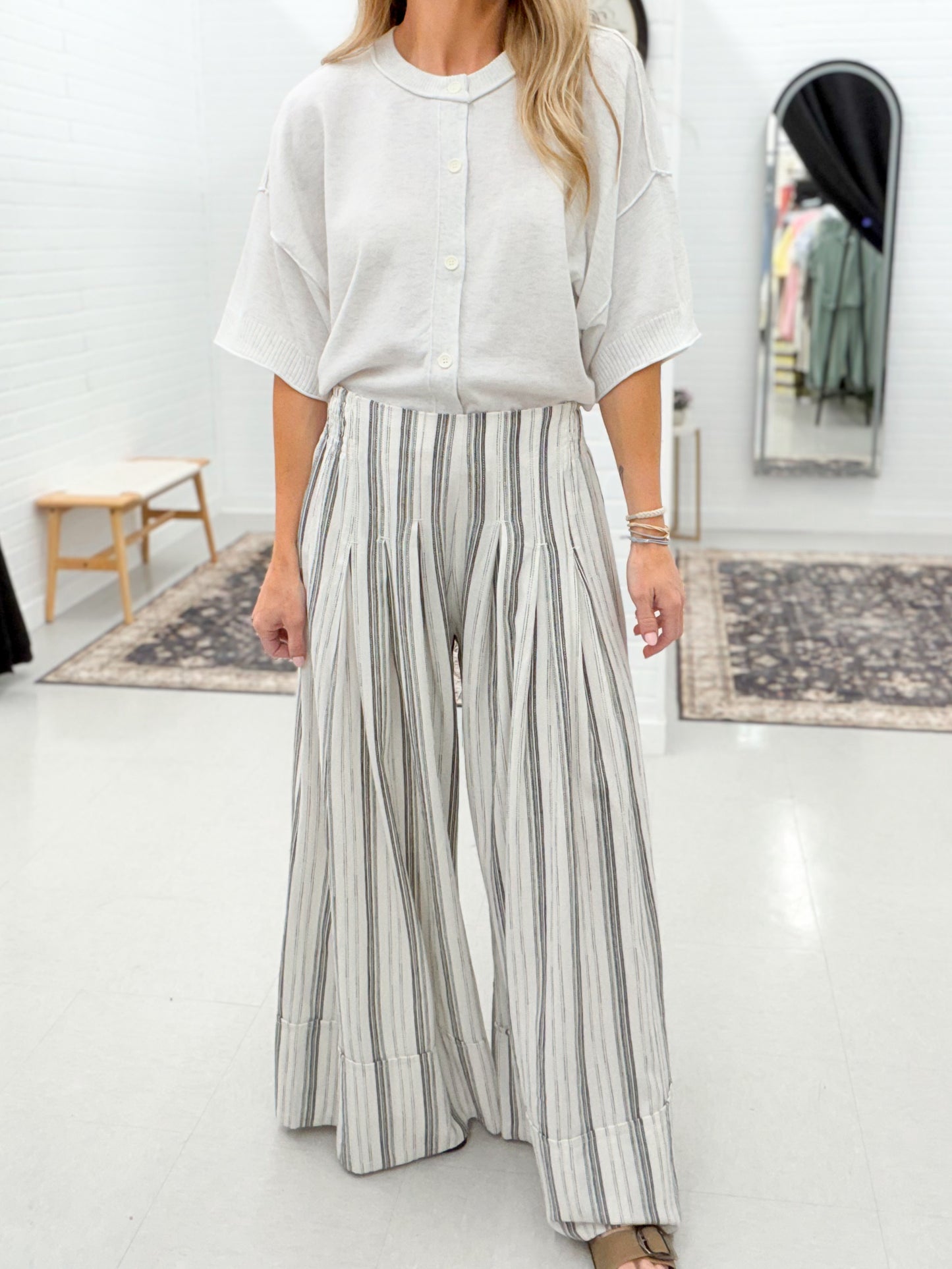 Long Way Home Linen Stripe Wide Leg Pants White/Black