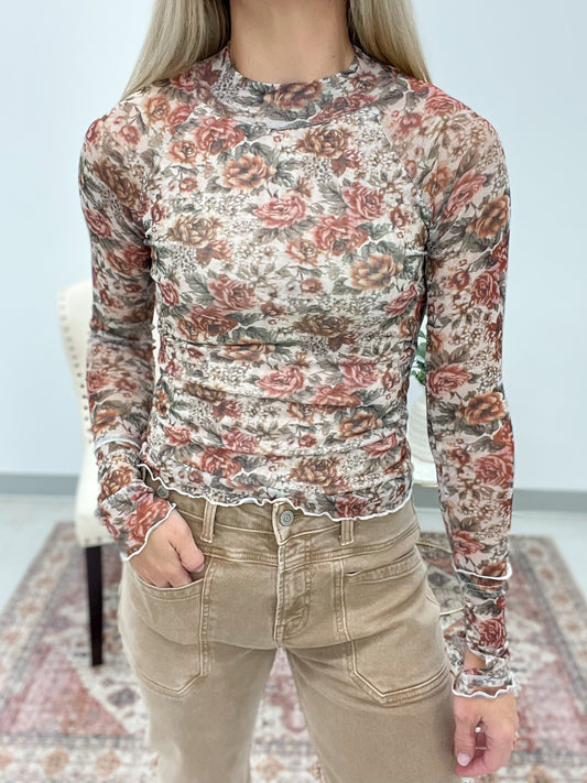 The Iris Floral Mesh Lined Top Vintage Rose