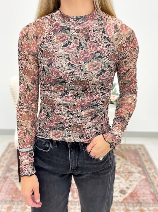 The Iris Floral Mesh Lined Top Black