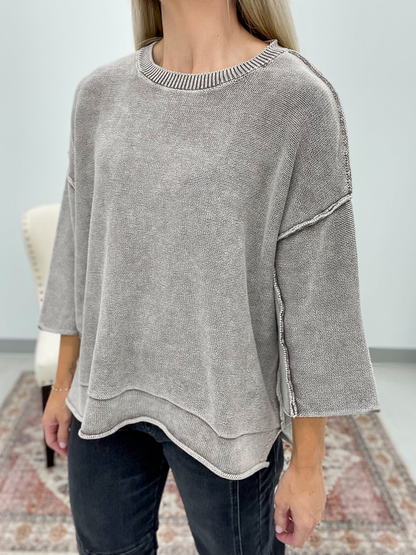 Yours Truly Washed 3/4 Sleeve Boxy Sweater Mocha