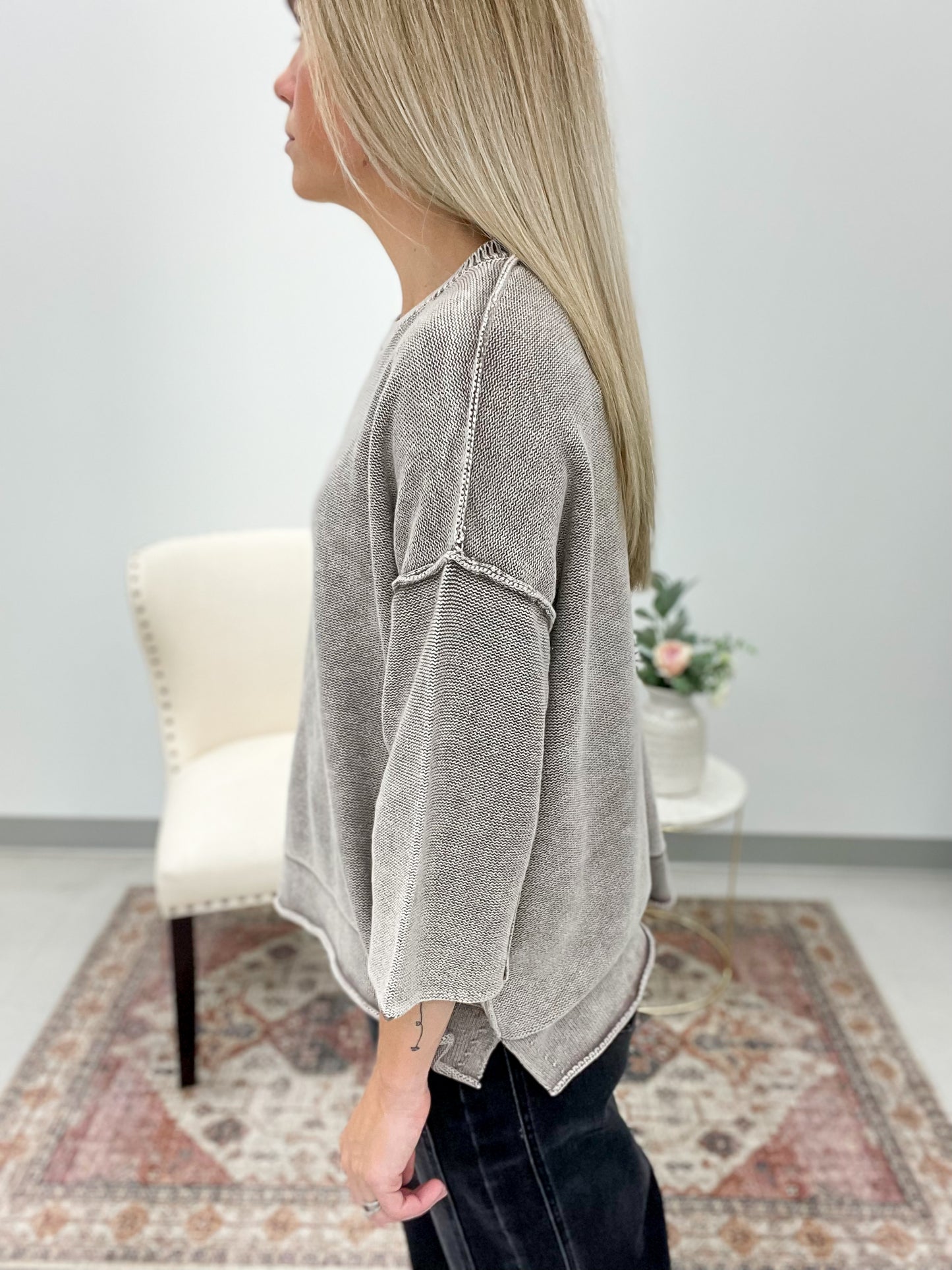 Yours Truly Washed 3/4 Sleeve Boxy Sweater Mocha