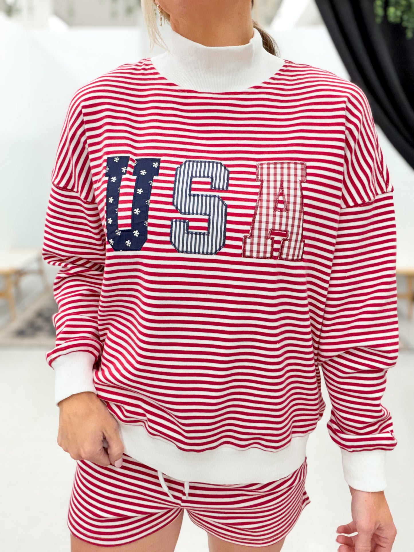 USA Striped Mock Neck Sweatshirt And Shorts Set