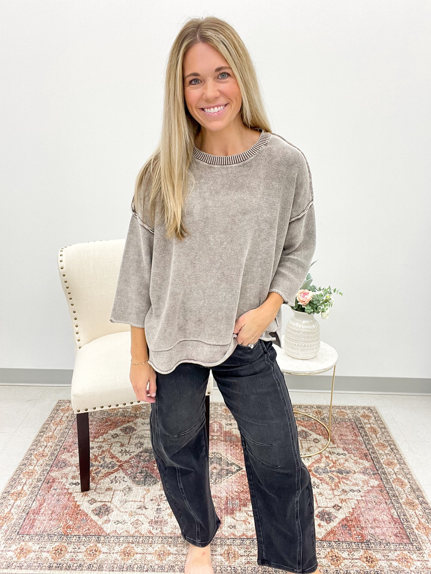 Yours Truly Washed 3/4 Sleeve Boxy Sweater Mocha