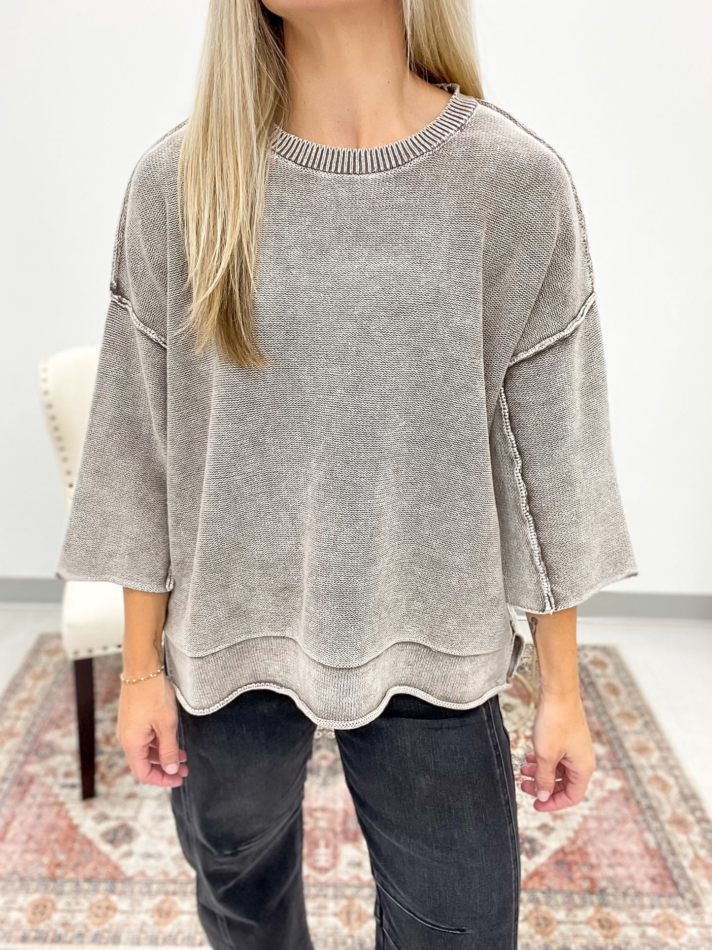 Yours Truly Washed 3/4 Sleeve Boxy Sweater Mocha