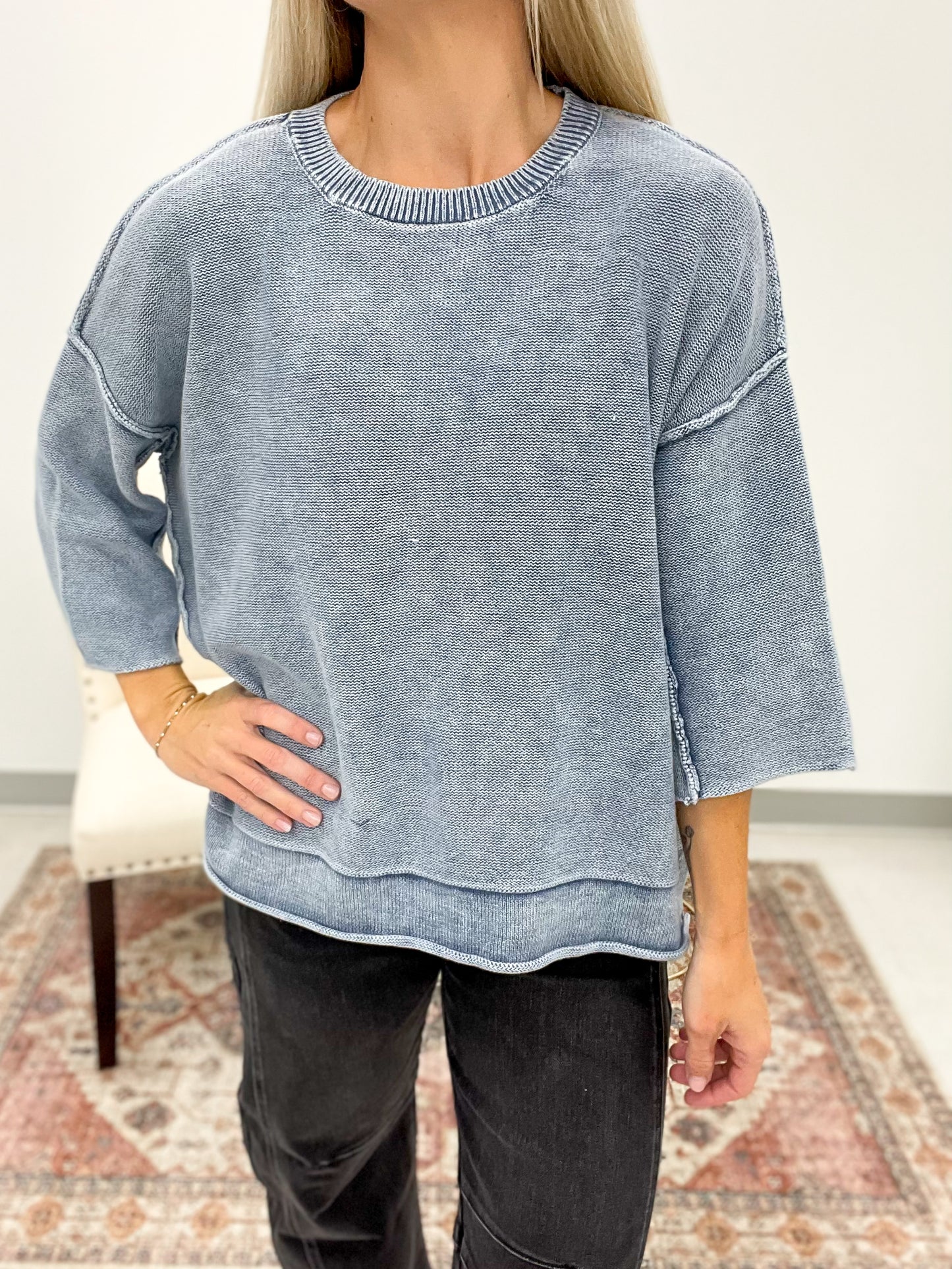 Yours Truly Washed 3/4 Sleeve Boxy Sweater Dusty Blue