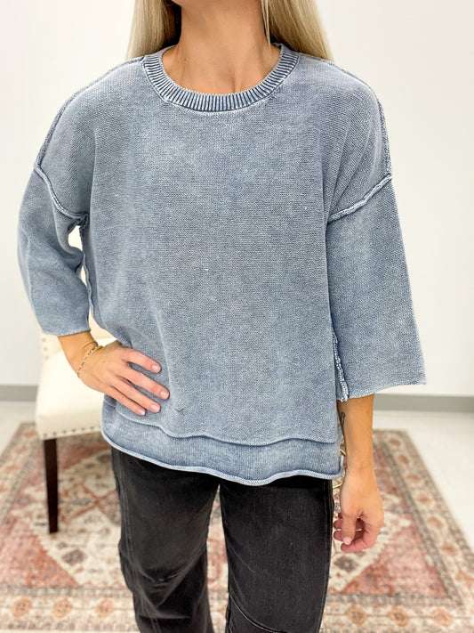Yours Truly Washed 3/4 Sleeve Boxy Sweater Dusty Blue