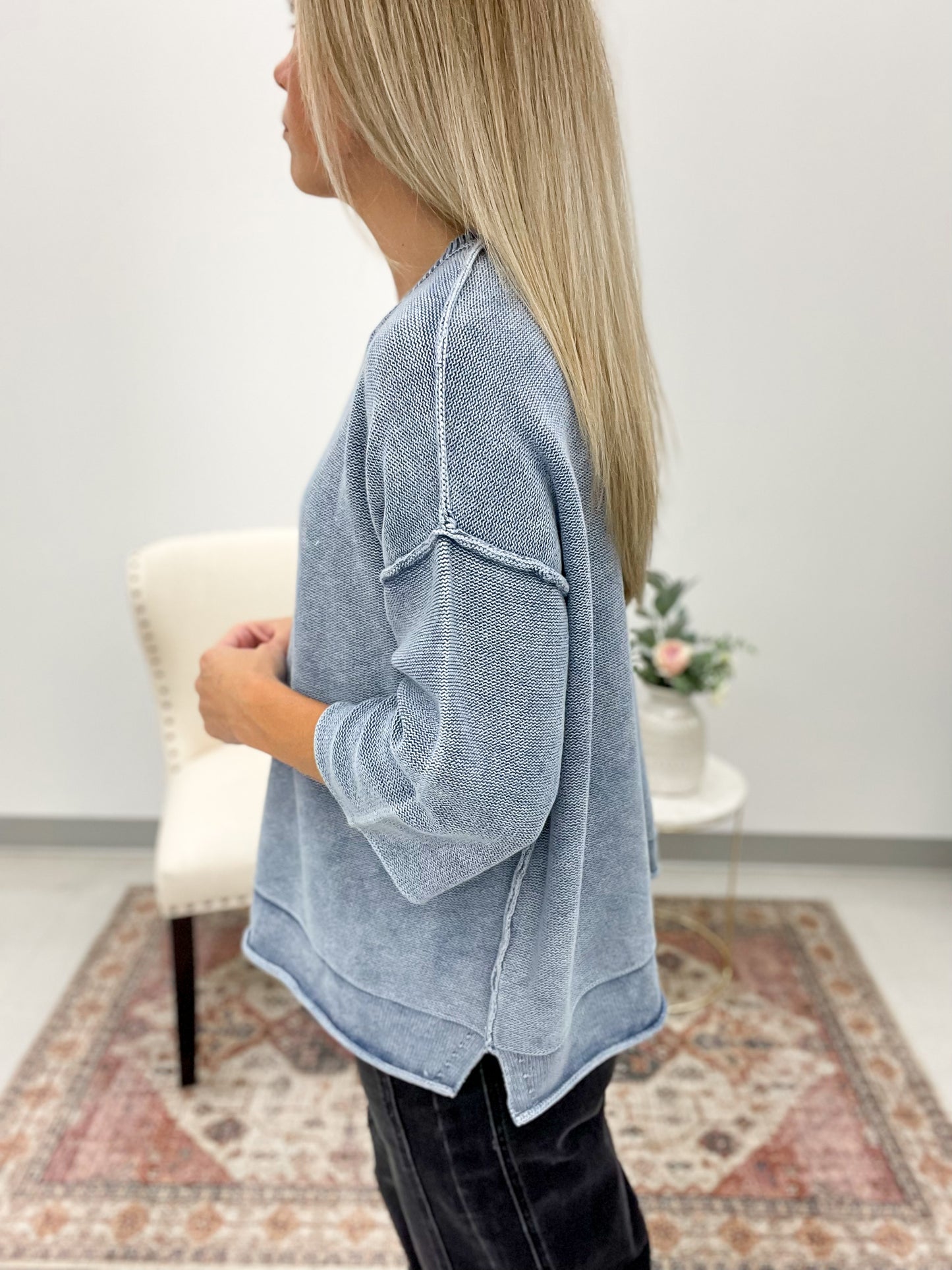 Yours Truly Washed 3/4 Sleeve Boxy Sweater Dusty Blue