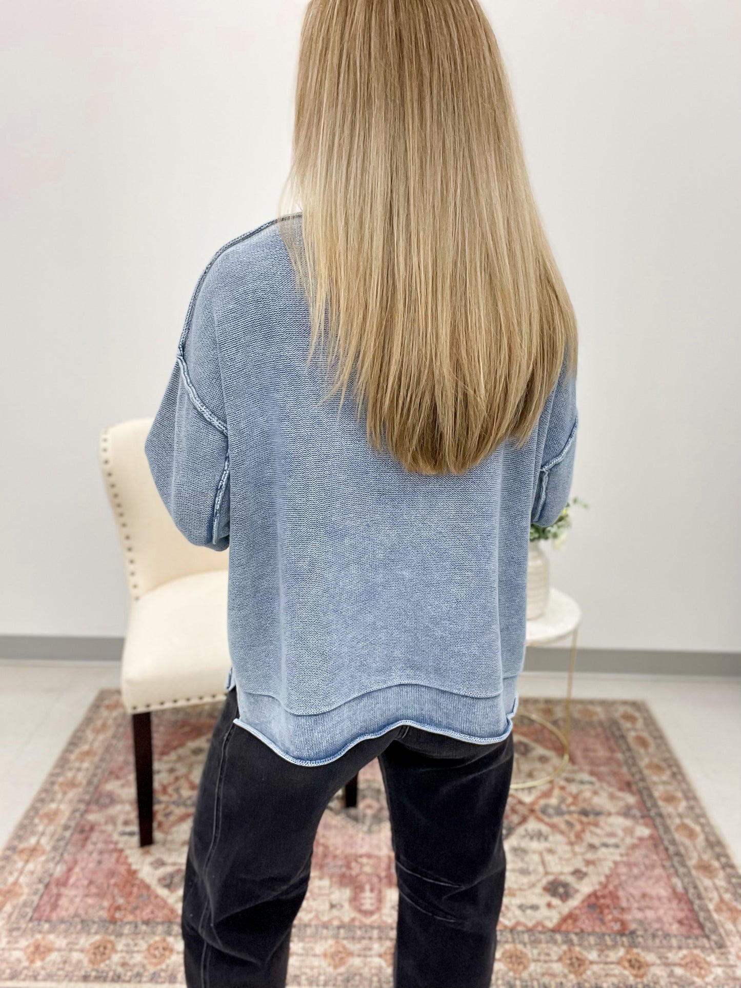 Yours Truly Washed 3/4 Sleeve Boxy Sweater Dusty Blue
