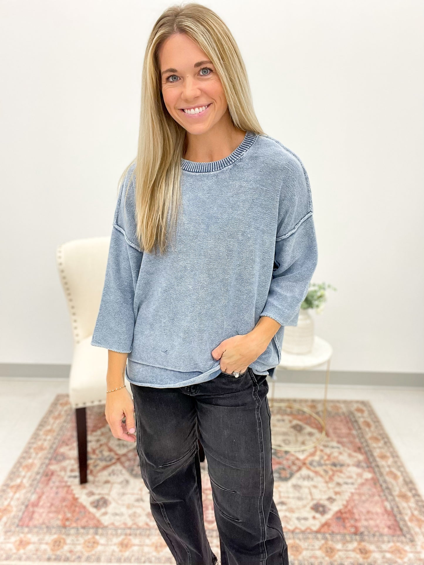 Yours Truly Washed 3/4 Sleeve Boxy Sweater Dusty Blue