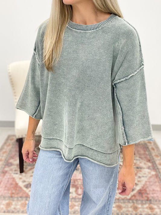 Yours Truly Washed 3/4 Sleeve Boxy Sweater Jade