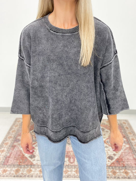 Yours Truly Washed 3/4 Sleeve Boxy Sweater Black