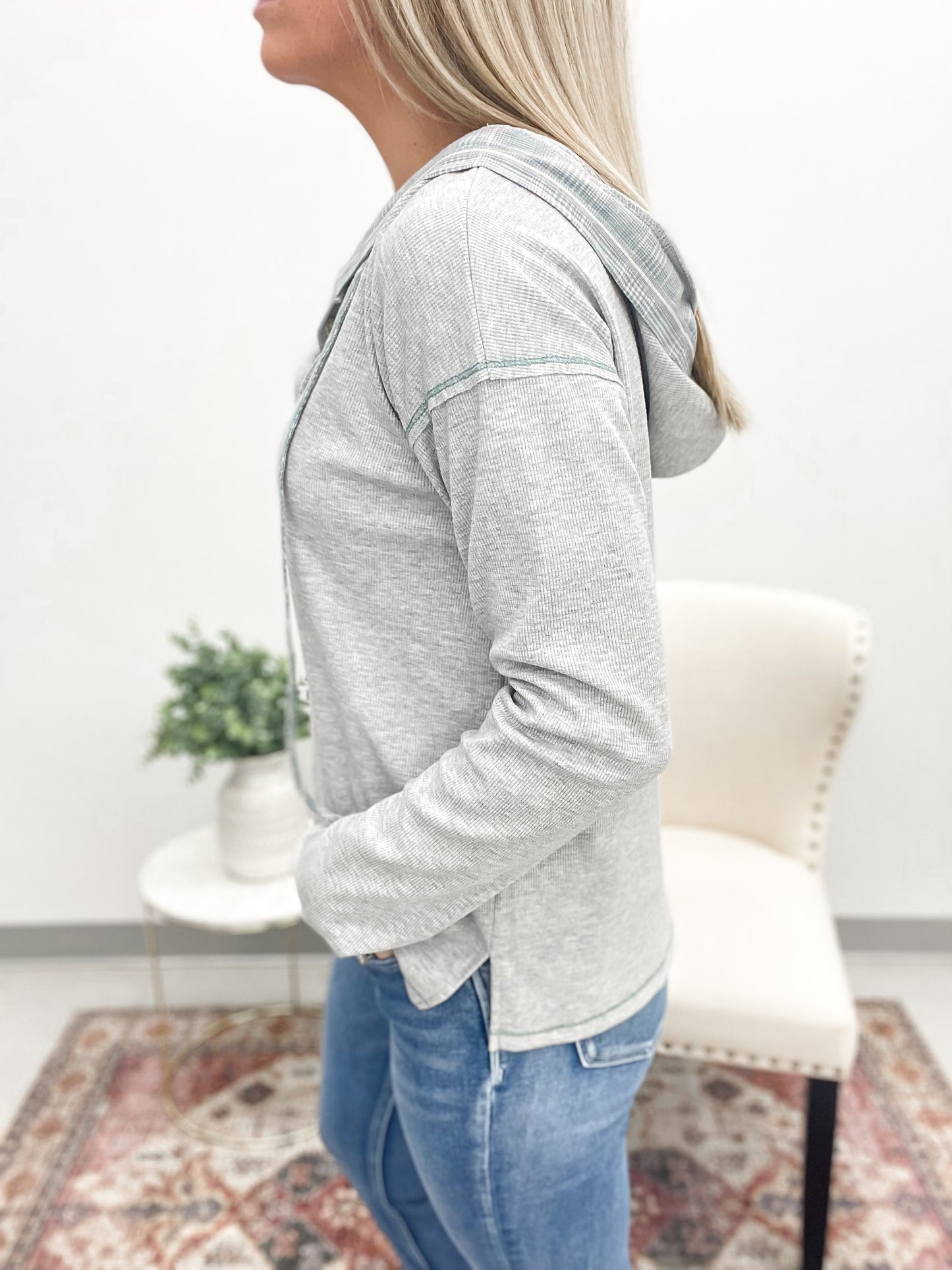 Good Times Plaid Contrast Ribbed Knit Hoodie Gray