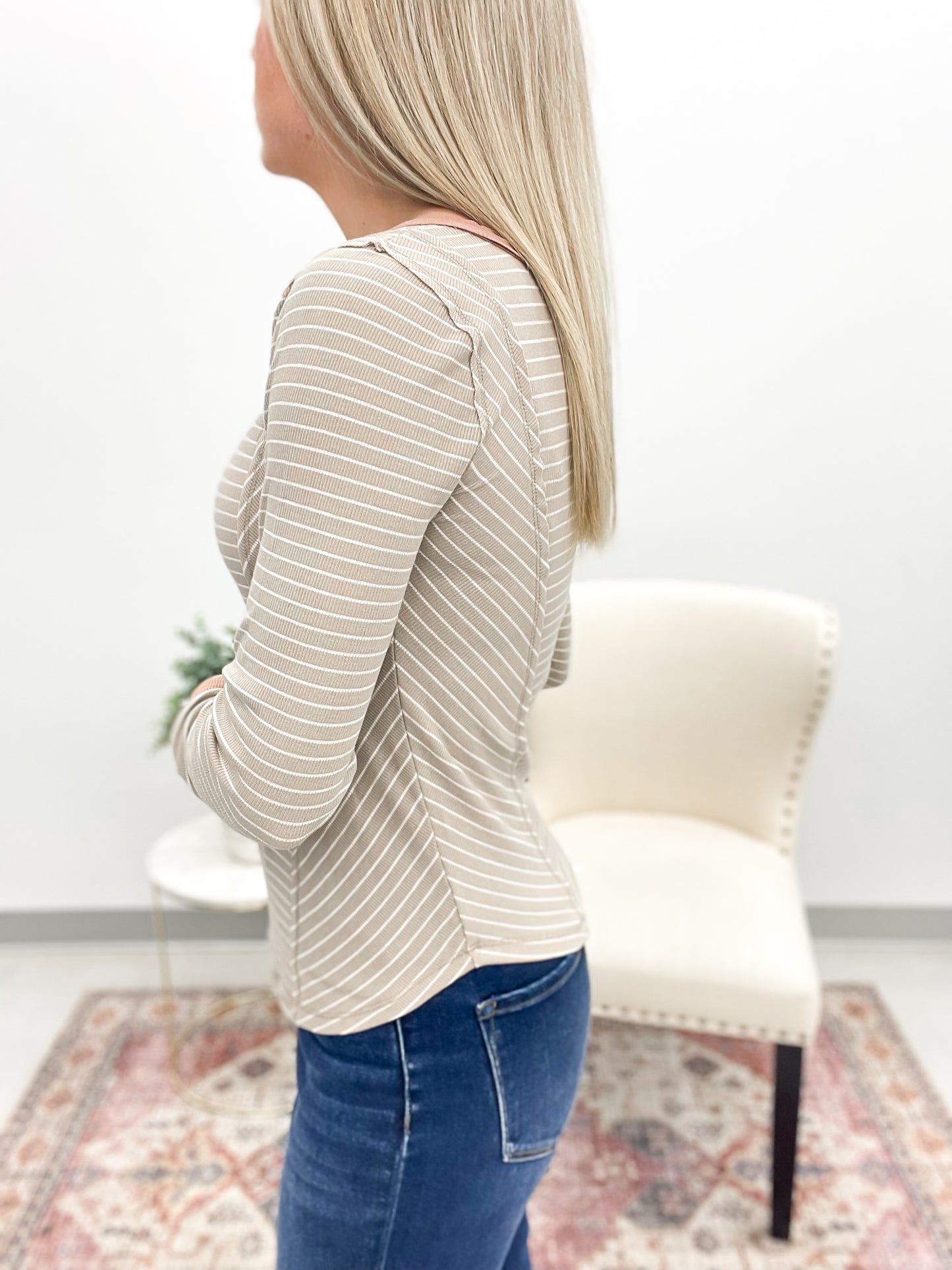 But First Boat Neck Rib Stripe Long Sleeve Top Taupe