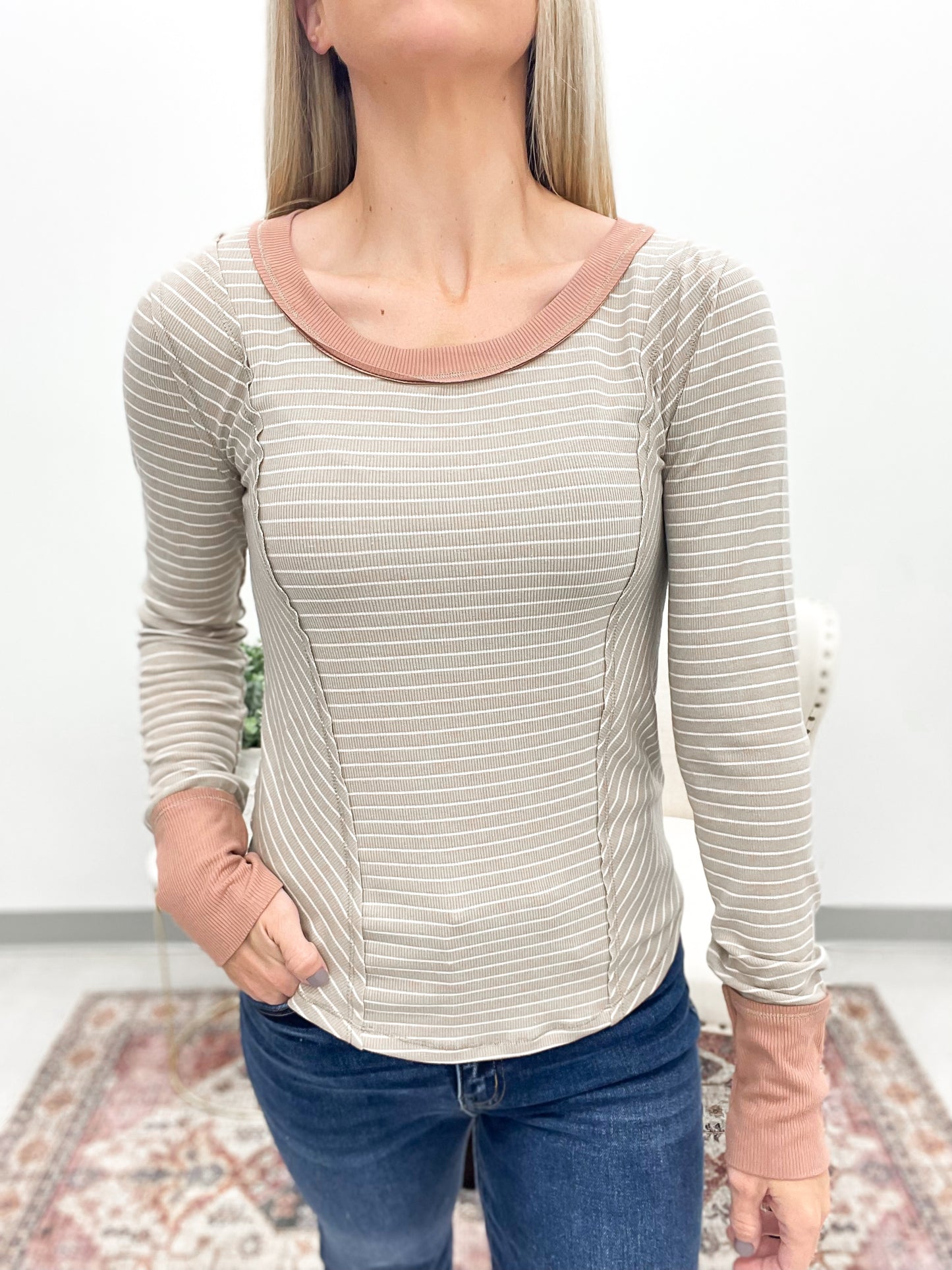 But First Boat Neck Rib Stripe Long Sleeve Top Taupe